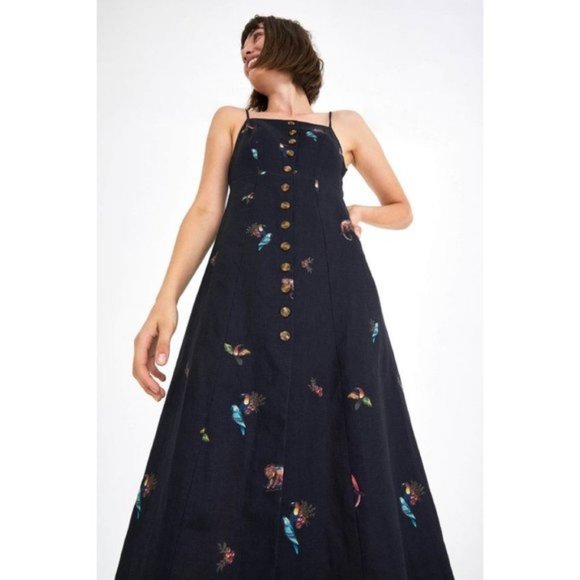 Farm Rio Black Linen Tucanos Jungle Dress Med - Picture 1 of 6